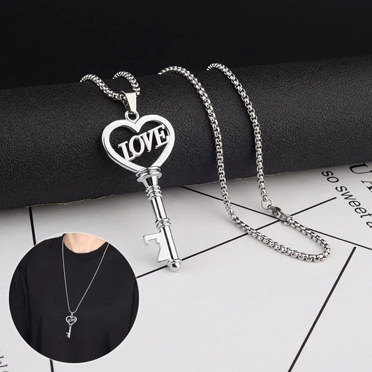 Stainless steel sweet heart key pendant choker necklace for women
