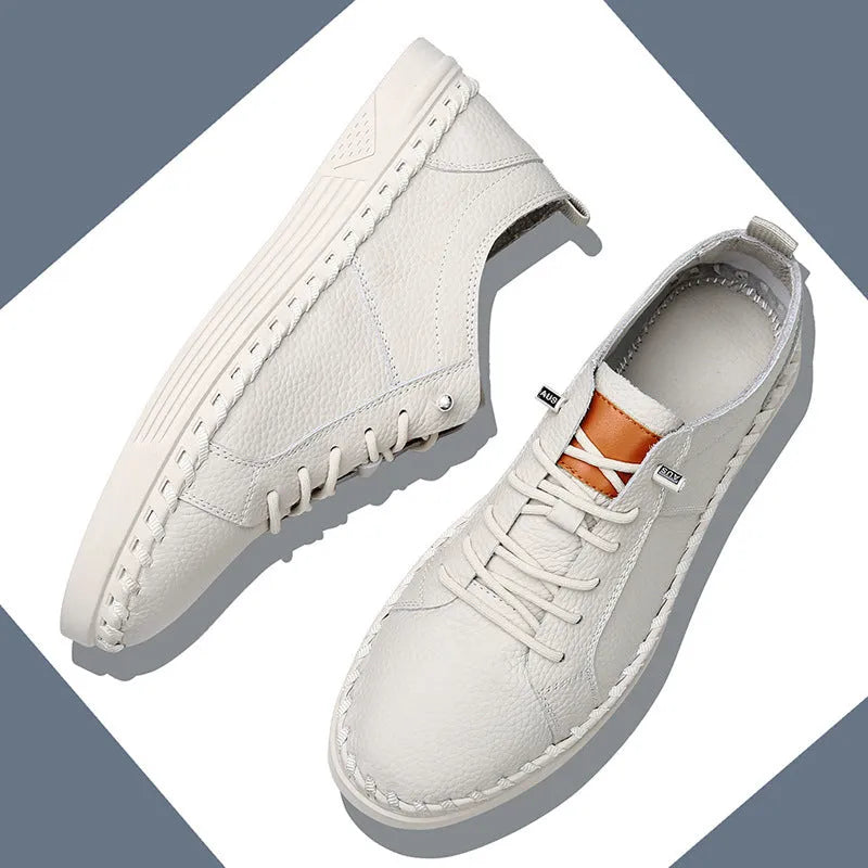 Men's beige and black casual sneakers made from first layer cowhide with mesh lining