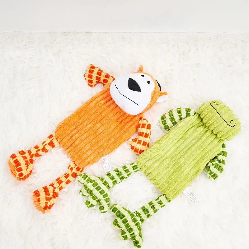 Green and orange immortal squeaker plush dog toy for aggressive chewers