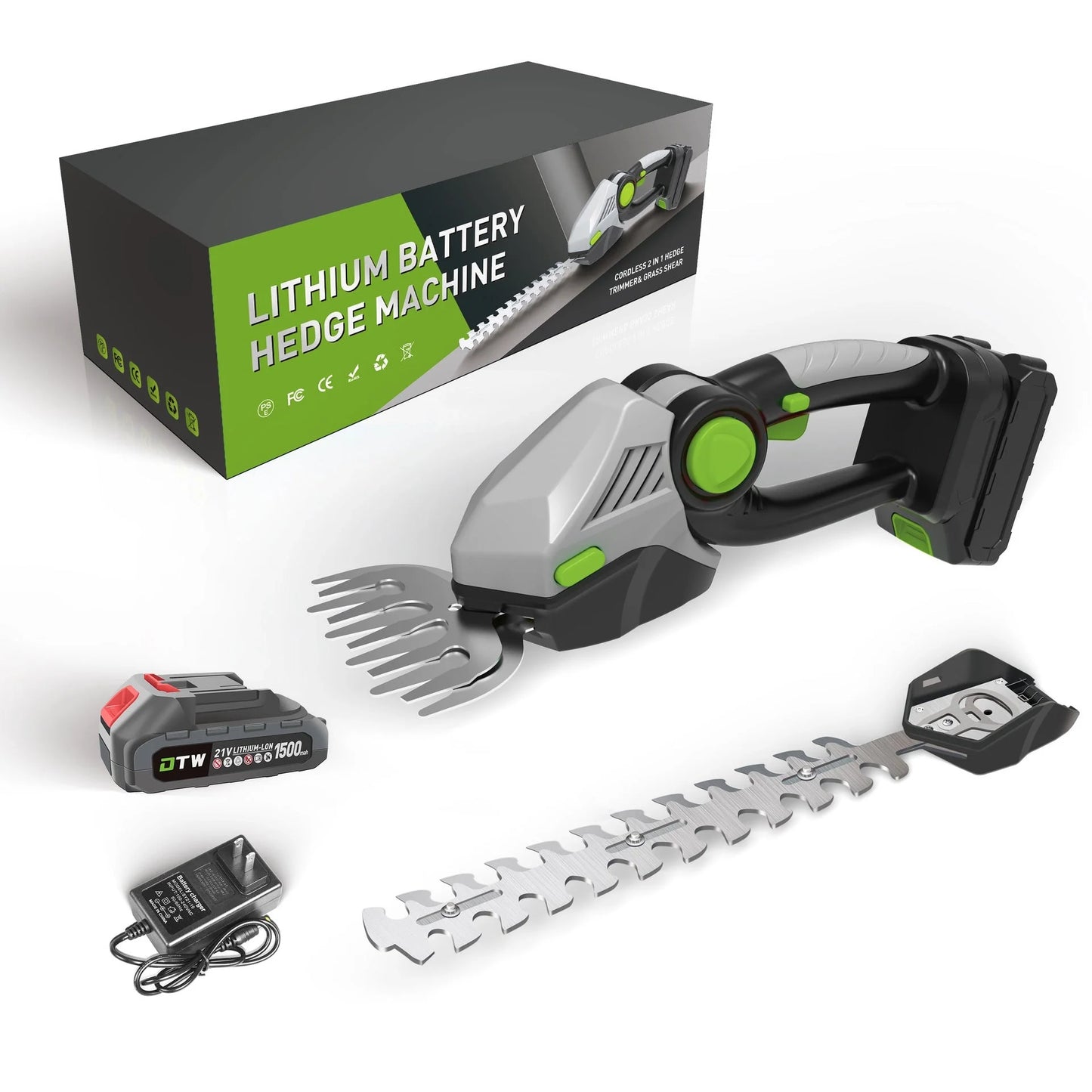 Wireless handheld hedge trimmer in green with 3600rpm speed for efficient garden maintenance