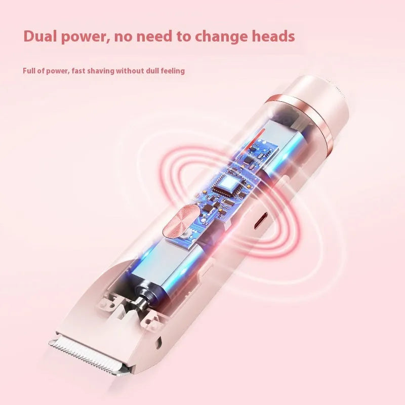 Pink women's electric hair trimmer with double head for body and pubic hair removal