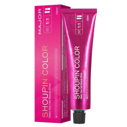 Ammonia-free hair dye 100ml tube with colour chart showing 40+ shades including WG75 cold brown and C5-66 purple