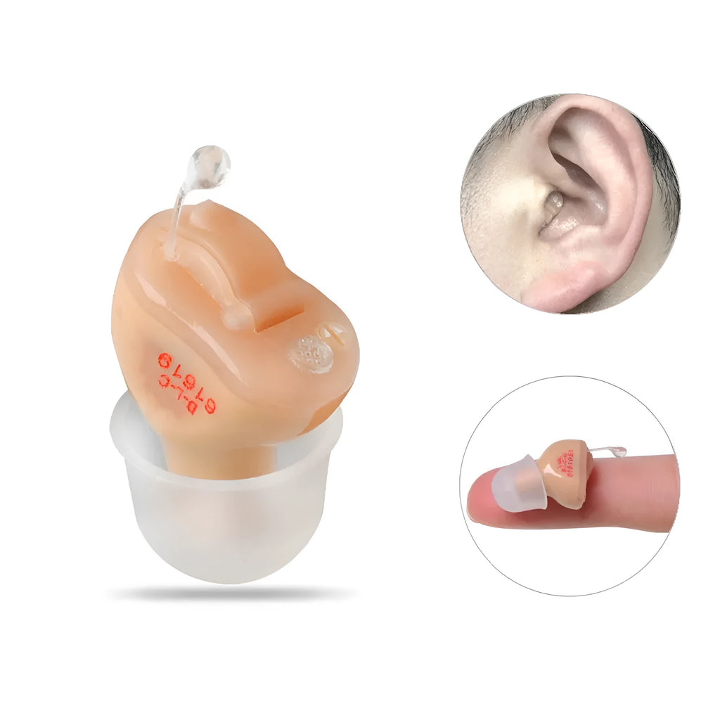 Mini completely-in-canal CIC T23 hearing aid unit with assorted ear dome sizes.