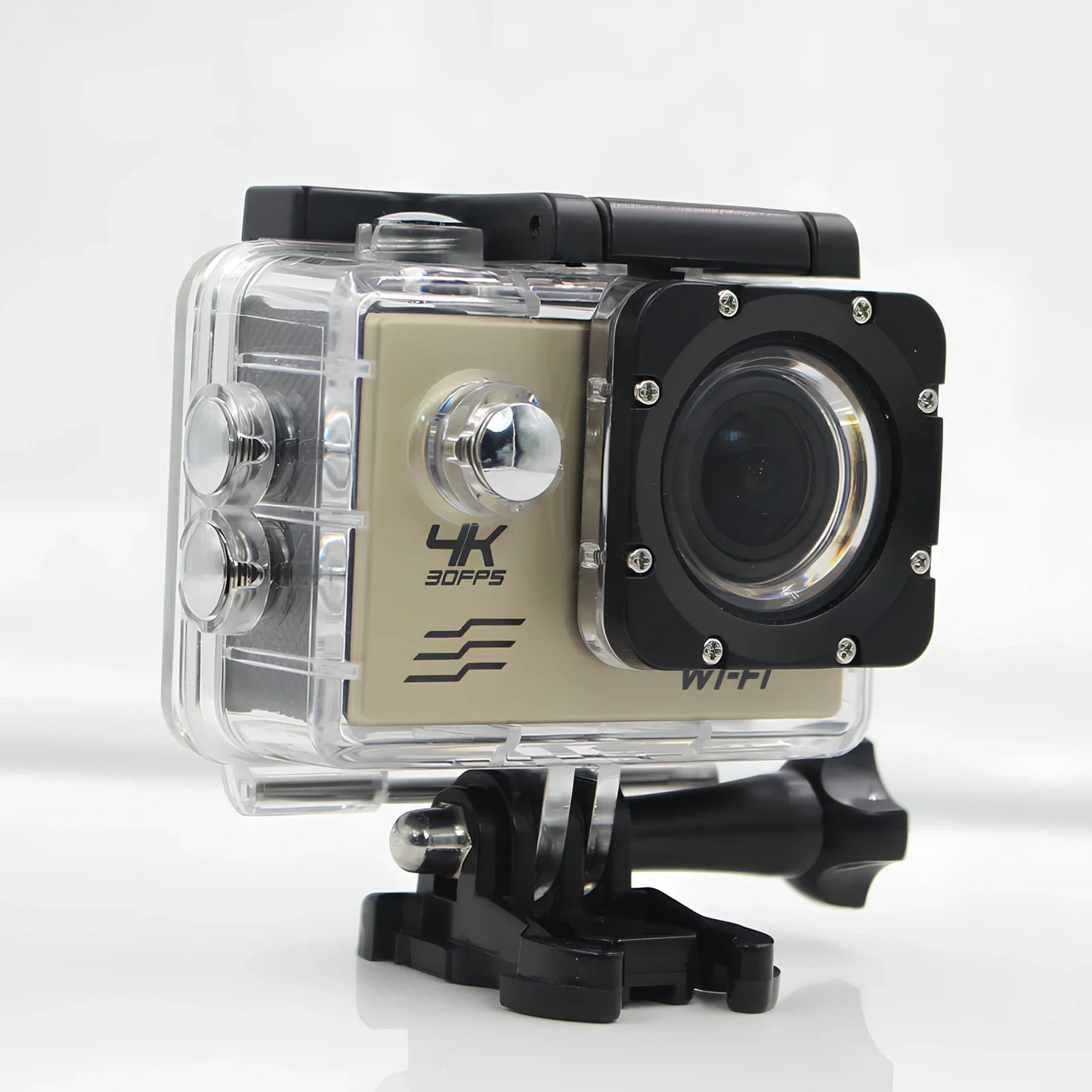 Black 4K HD motion camera with 2.0-inch display and 170-degree lens, dimensions 29.8x59.2x41mm for action sports