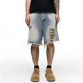 Men's light blue retro washed denim shorts with a baggy wide-leg fit on a mid-rise waist.