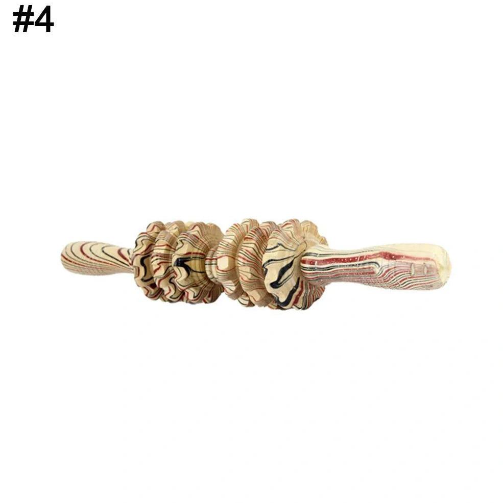 Wooden roller massage stick showing 39 cm length with 18 cm roller section and steel shaft construction