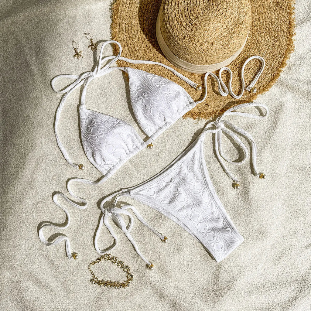 Women's halter lace-up bikini swimsuit in milky white with adjustable side ties