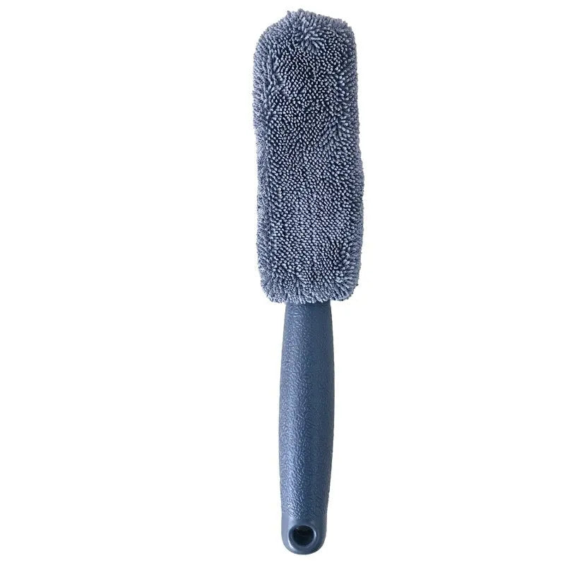 Long handle microfiber car wash brush for cleaning vehicle wheels and tyres in grey and blue