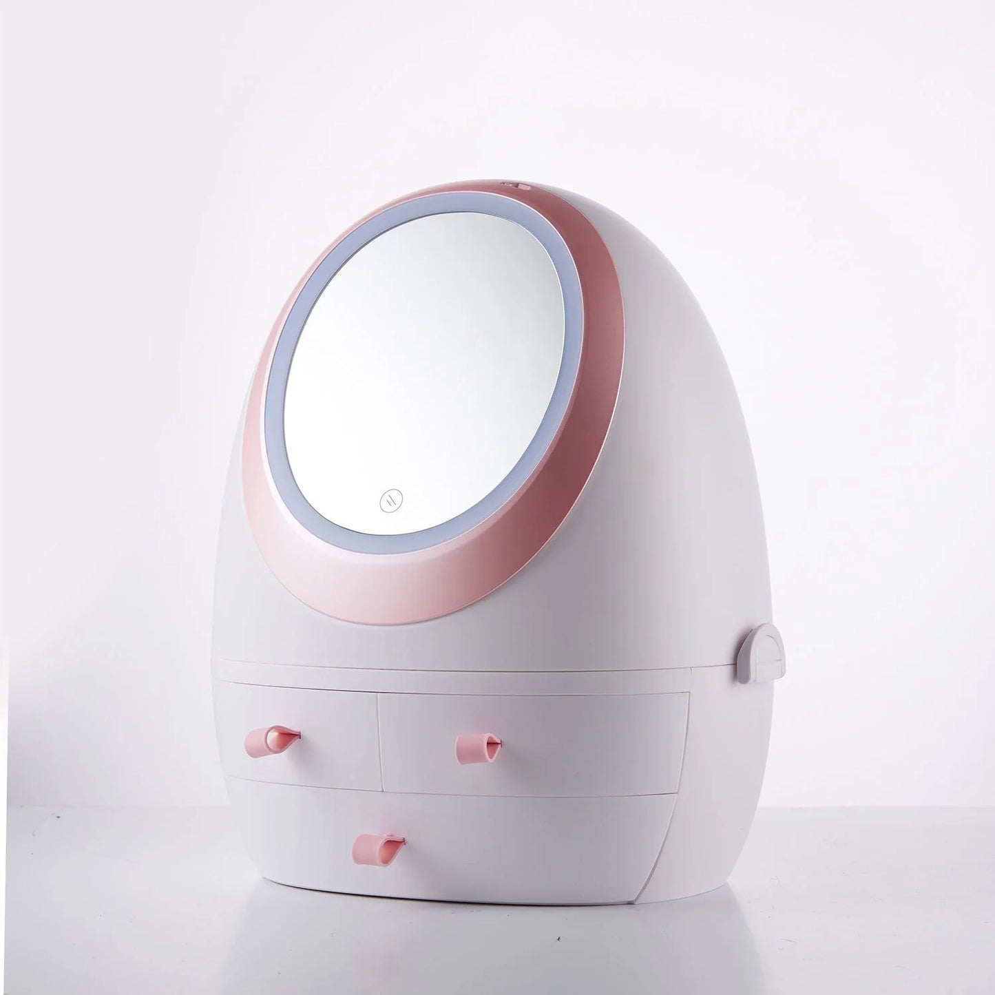 Compact LED makeup mirror with USB charging option and included jewelry box