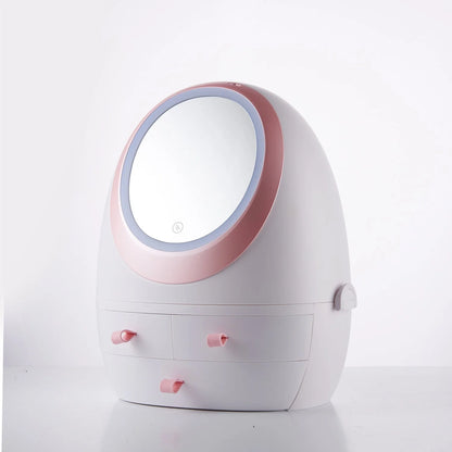 Compact LED makeup mirror with USB charging option and included jewelry box
