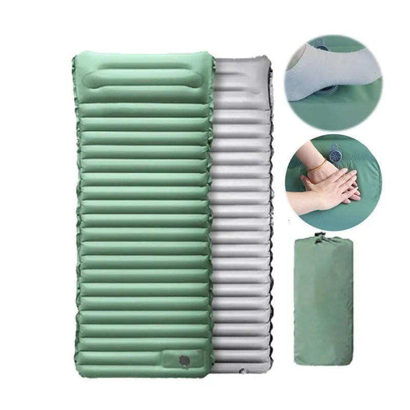 A portable inflatable camping mattress in desert grey colour, shown inflated to its 195x70cm size.