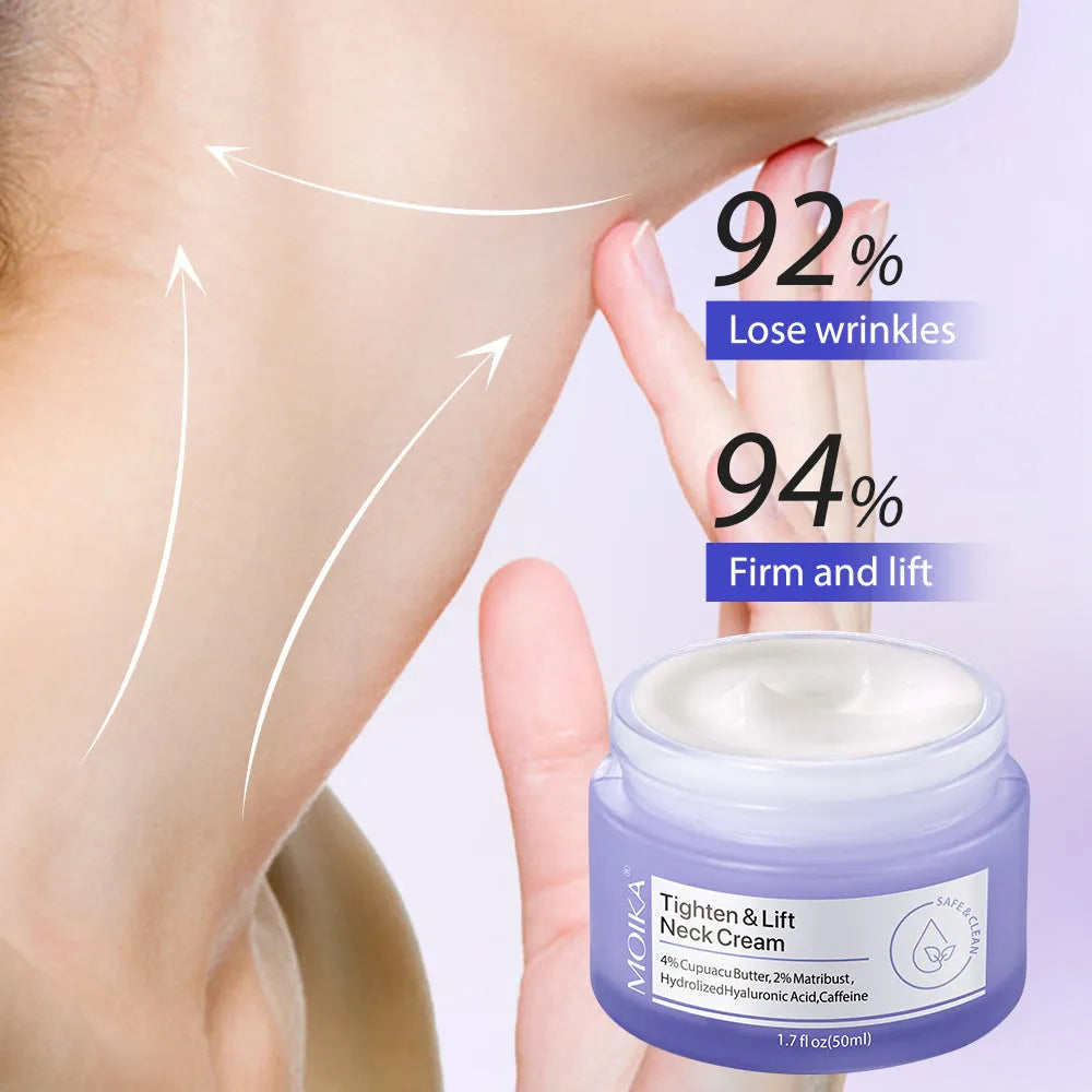 Neck firming cream in a white jar with gold lid, 50g, for reducing wrinkles and sagging skin
