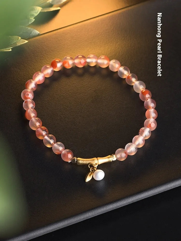 Ice Float Nanhong agate bracelet with flower shape and bamboo joint design in ethnic style