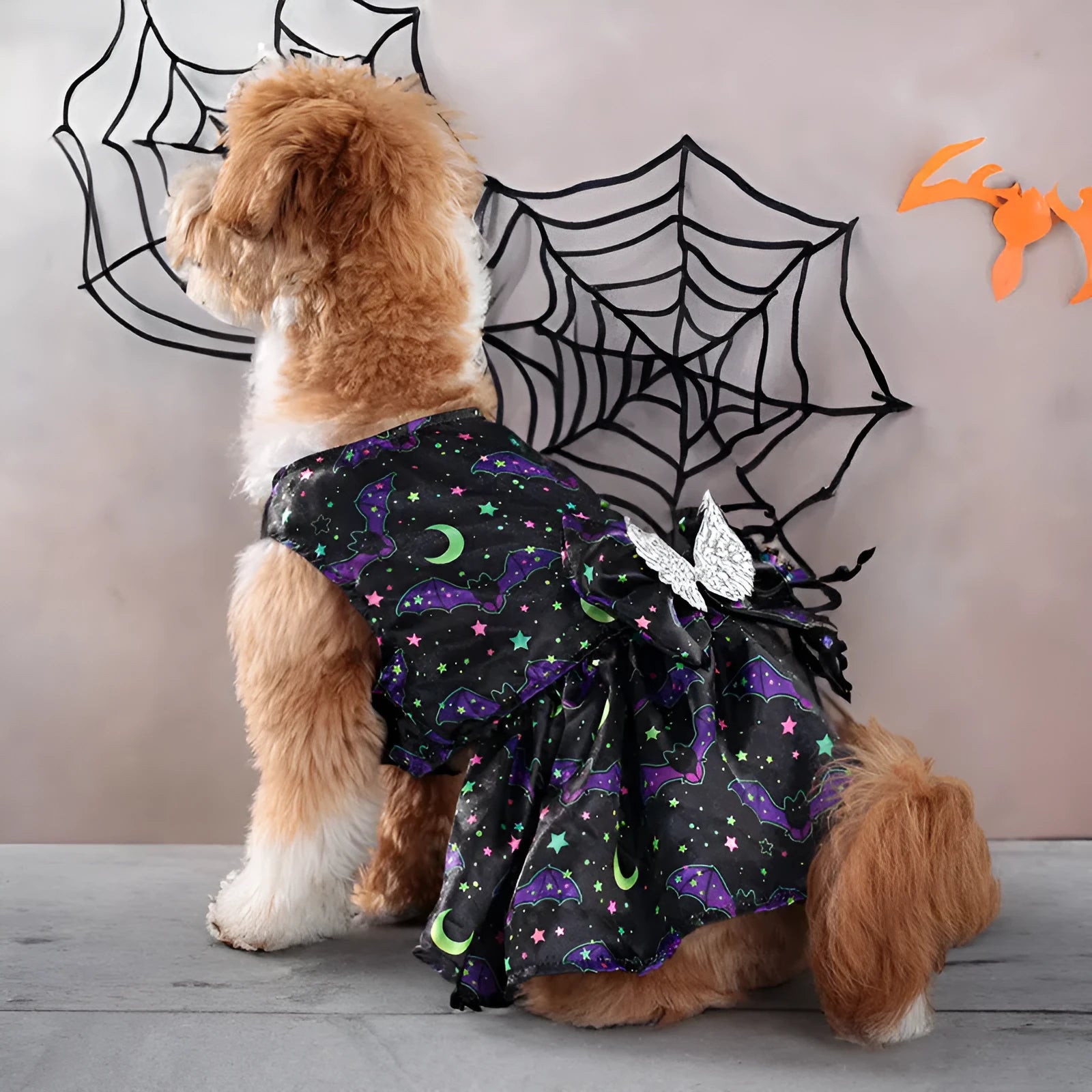 Orange Halloween dog costume with angel wings and a halo, featuring a bright pumpkin print design.