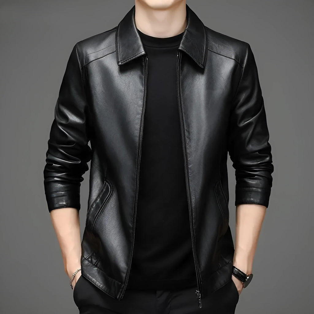 Thin fleece-lined genuine leather jacket for dad in black colour block design loose fit
