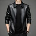 Thin fleece-lined genuine leather jacket for dad in black colour block design loose fit