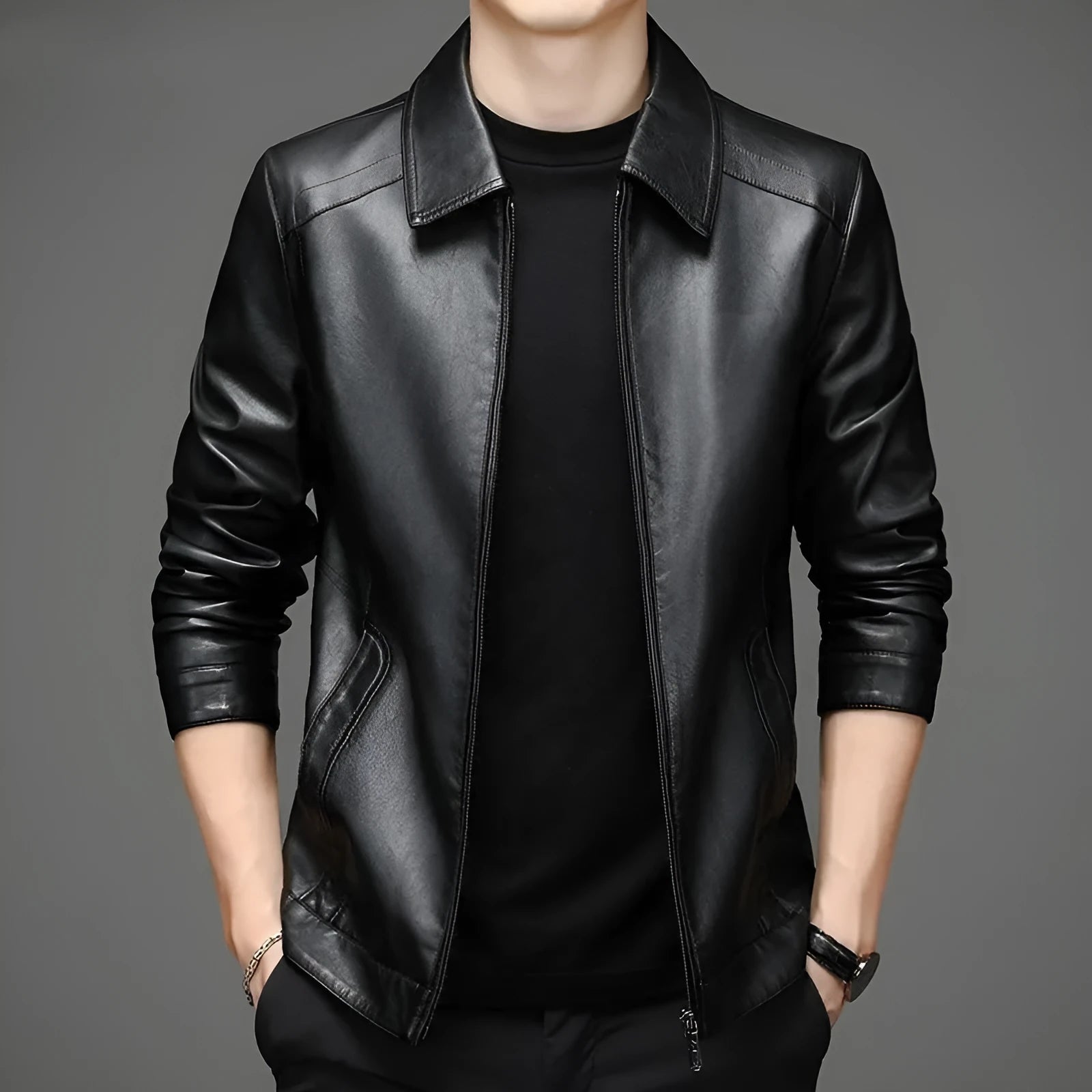 Thin fleece-lined genuine leather jacket for dad in black colour block design loose fit