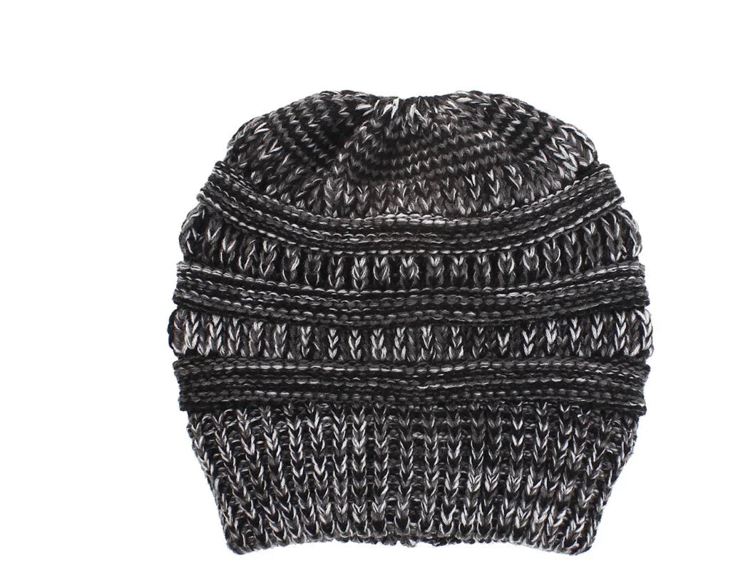 Mixed colour knitted wool hat for ladies with ponytail opening, available in various colours