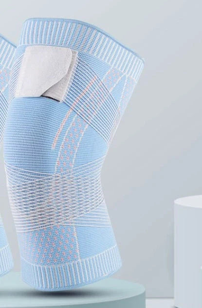 Nylon sports knee pads with adjustable strap in pink, blue, and black