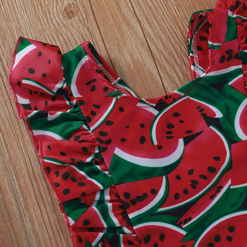 Printed sleeve one-piece polyester swimsuit for baby girls, red or yellow, sizes 80-120cm