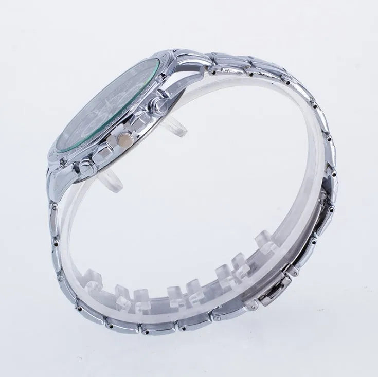 Men's stainless steel sport watch with 4cm dial and pointer display on a casual background