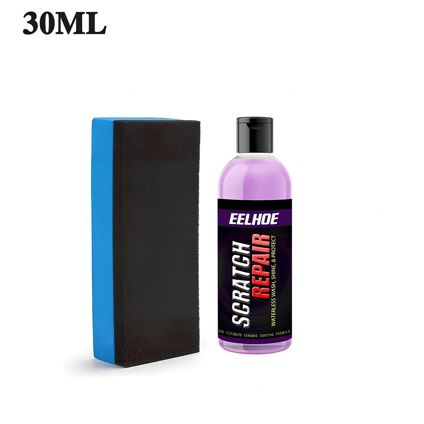 Blue bottle of 100ml car scratch repair fluid spraying on scratched vehicle panel, showing shine restoration