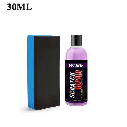 Blue bottle of 100ml car scratch repair fluid spraying on scratched vehicle panel, showing shine restoration