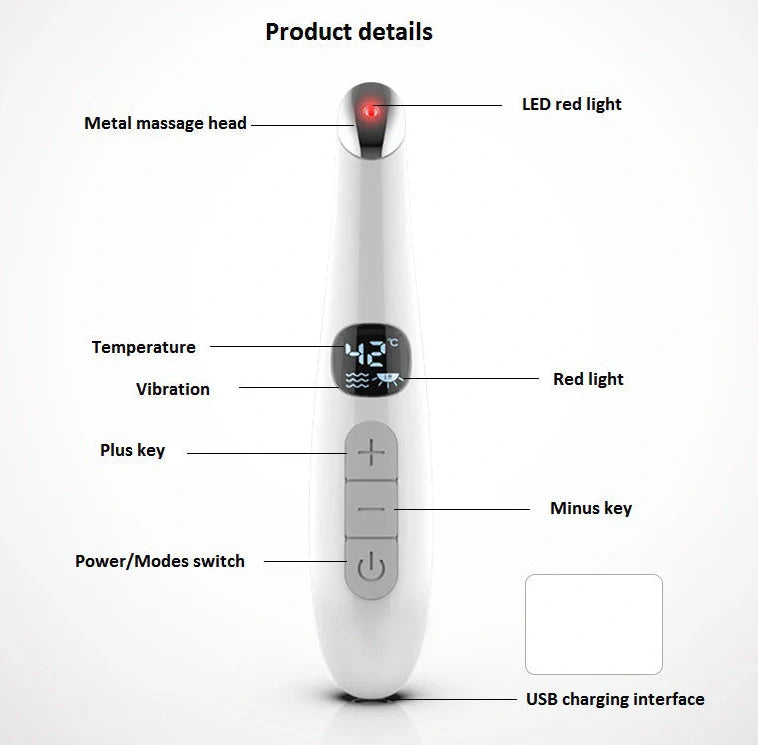White electronic eye massager with adjustable temperature settings and vibration therapy for eye strain relief