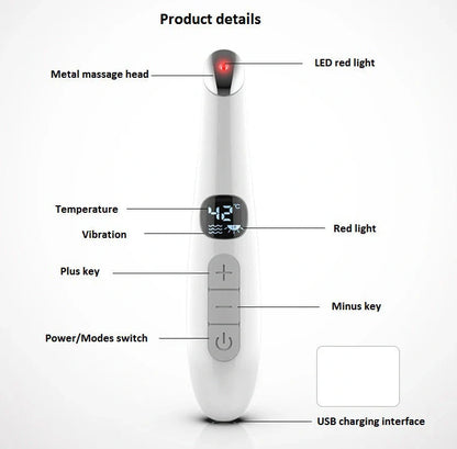 White electronic eye massager with adjustable temperature settings and vibration therapy for eye strain relief