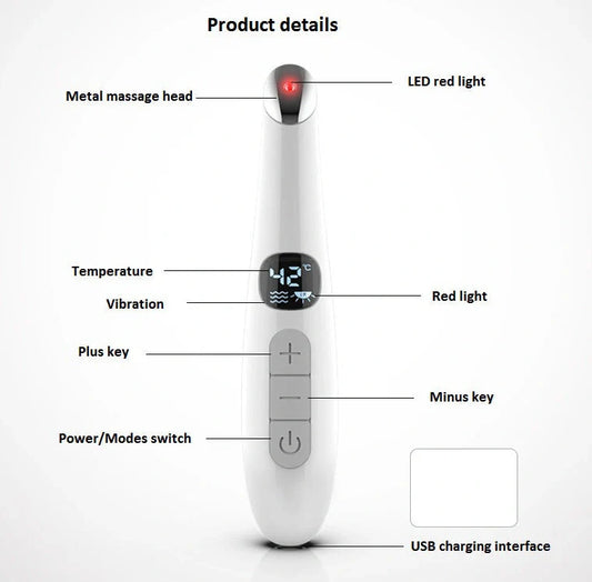 White electronic eye massager with adjustable temperature settings and vibration therapy for eye strain relief