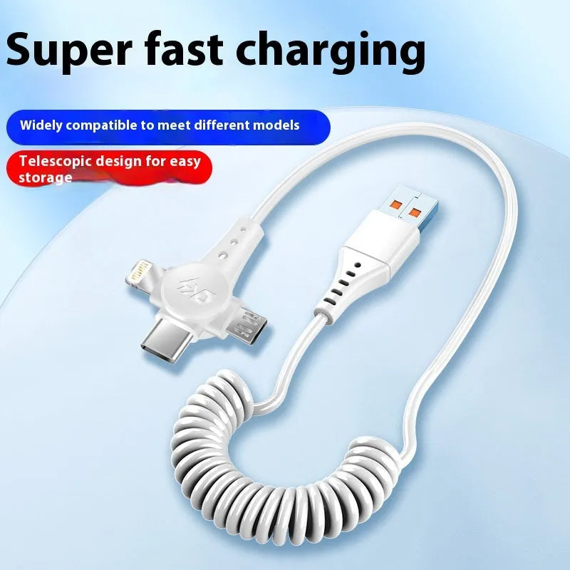 Black telescopic data cable extended to 1.5m with Lightning, Micro USB, and Type-C charging heads