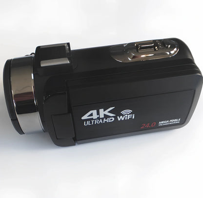 Black 3.0 inch touch screen 4K digital video camera with WiFi, remote, and 18x zoom lens