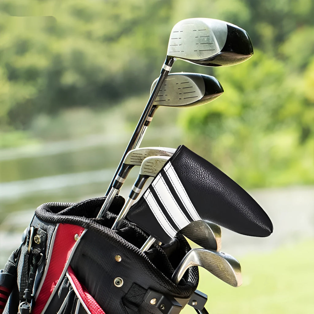 Black PU leather golf club head cover case with a sleeve for a push rod.