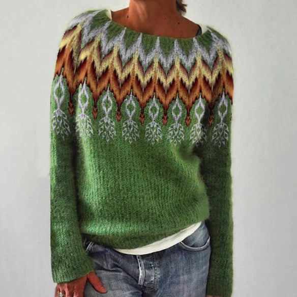 Women's loose multicolor acrylic pullover sweater with round neck, available in various colours and sizes.