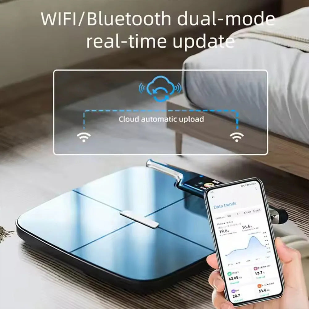 Black eight-electrode intelligent body fat scale on a hardwood floor.