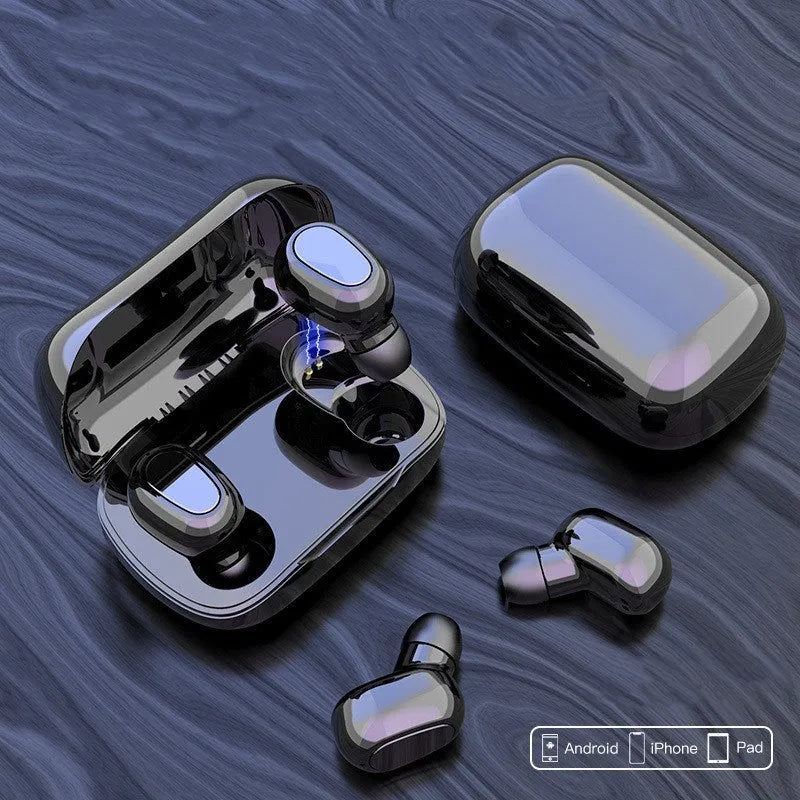 A Black TWS Bluetooth headset with earbuds and charging case on a white background.