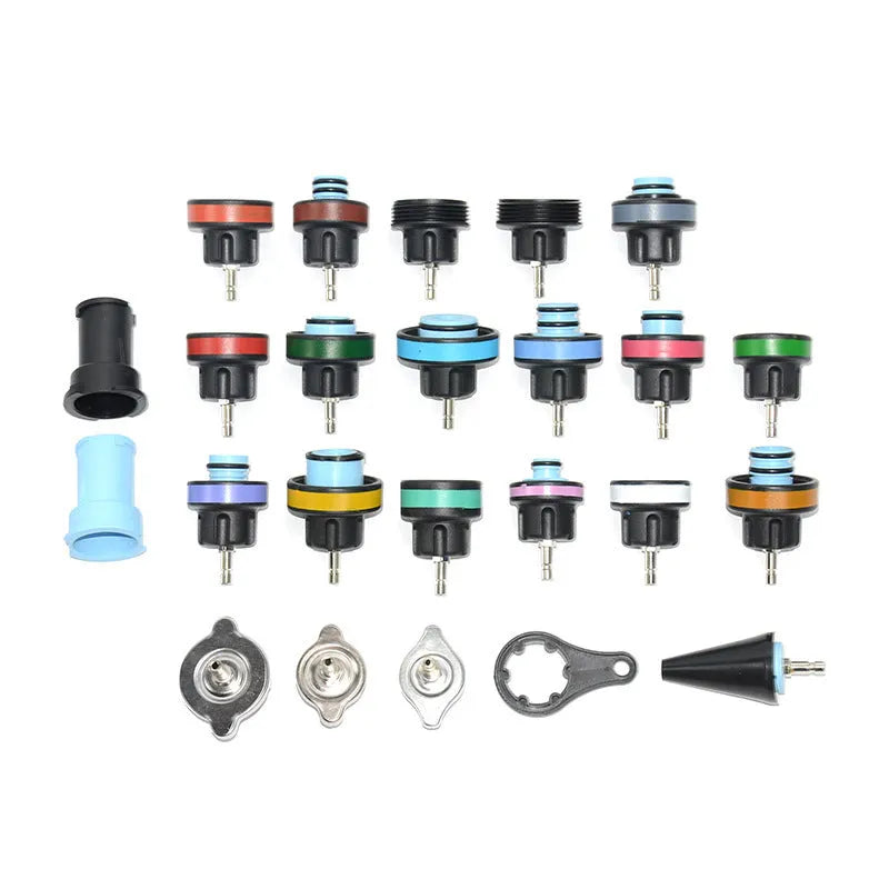 28-piece blue automotive cooling system tester kit with pressure testing and vacuum purge tools