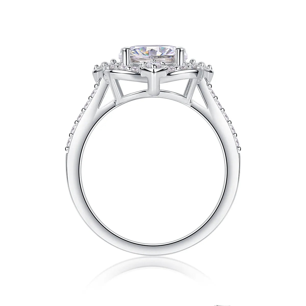 Egg-shaped moissanite ring set with S925 silver and platinum plating on a white surface