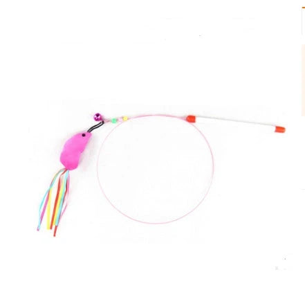 Handmade wooden cat stick toy with hemp feather rope and bell for playful cats