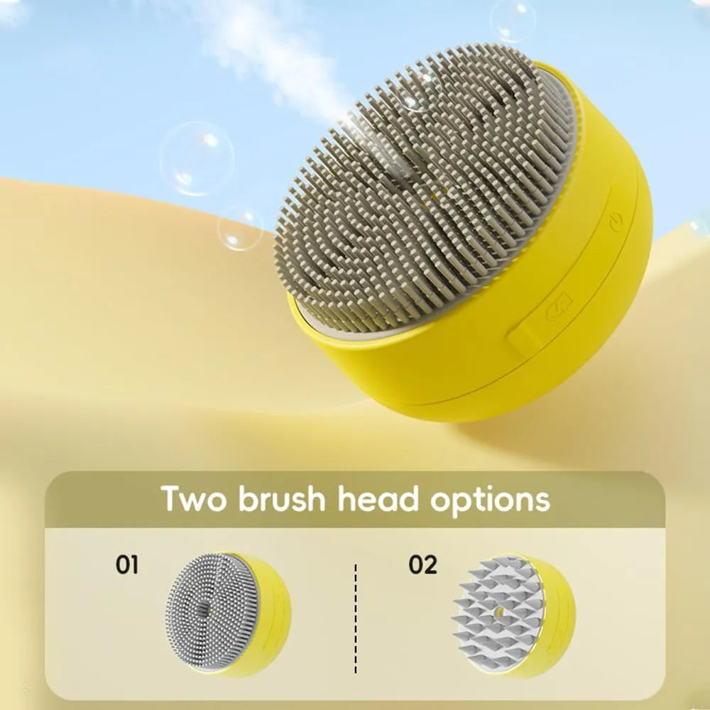 Green and yellow rechargeable silicone steam brush for pet grooming on a table.