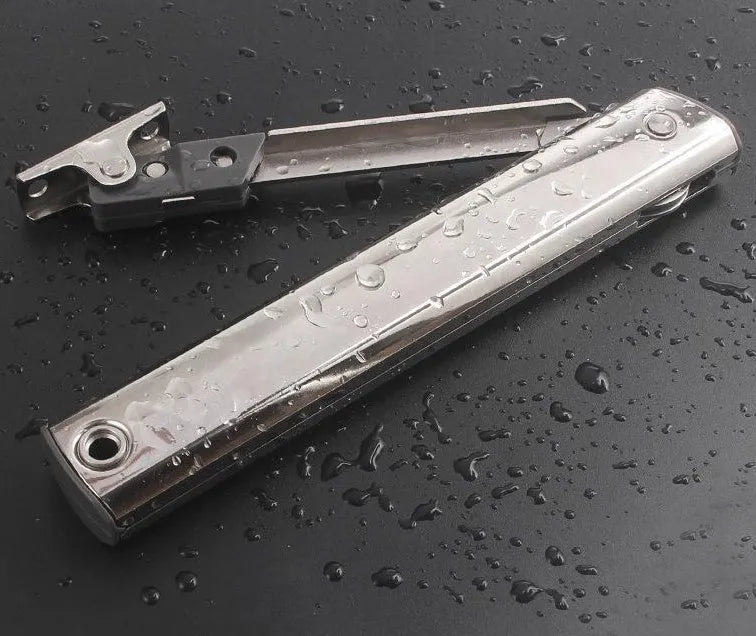 Cold rolled steel flap-up door support rod in natural stainless steel finish.