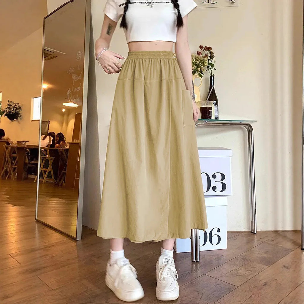 Women's camel-coloured wide-leg skirt with elastic waist in Japanese Korean casual style