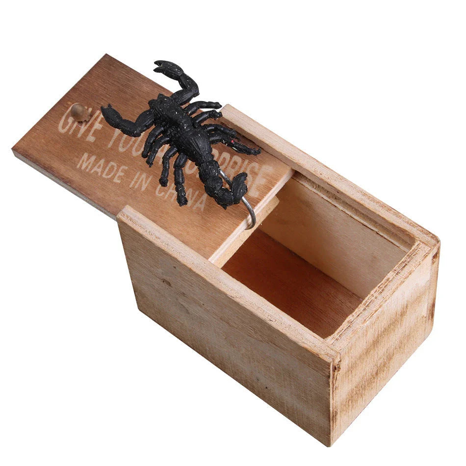 Wooden Scare Box with lifelike prank spider for April Fools' Day fun
