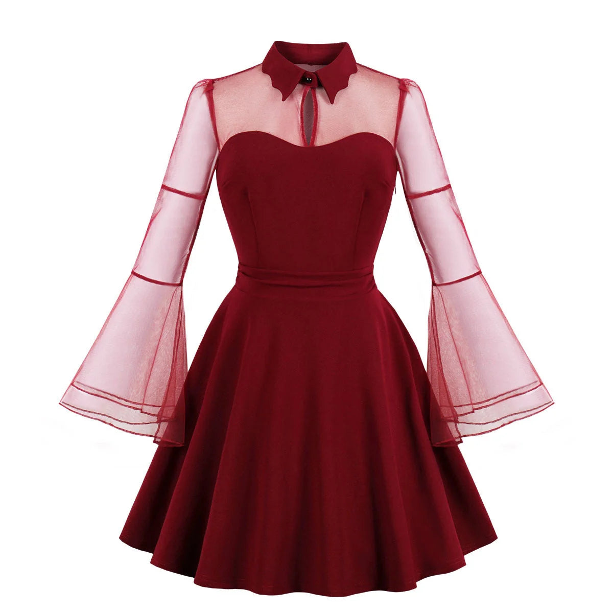 Vintage dress with lapel collar and nine-point sleeves in red and black