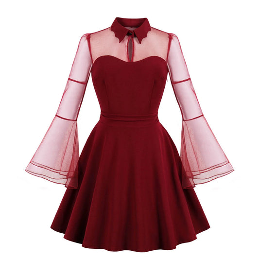 Vintage dress with lapel collar and nine-point sleeves in red and black