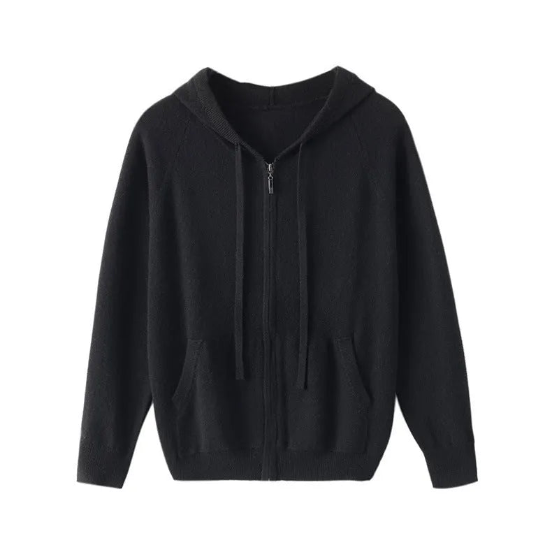 Men's solid colour hooded cashmere cardigan with full-length zip in regular fit
