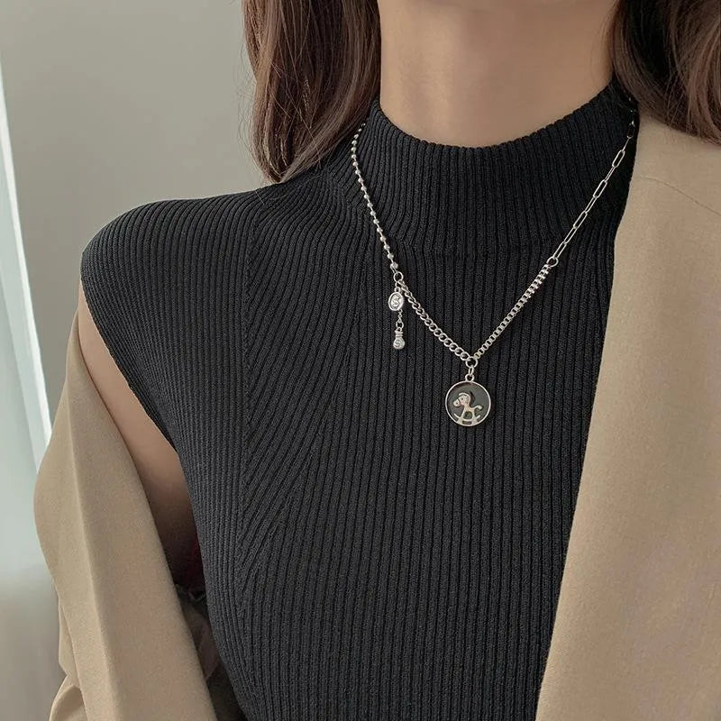 Women's double-layer necklace with geometric rhinestone pendant on alloy chain
