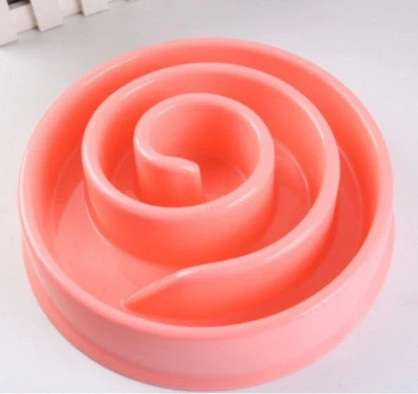 Anti-choke plastic dog bowl in pink, blue, green, and yellow