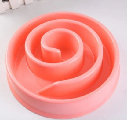 Anti-choke plastic dog bowl in pink, blue, green, and yellow