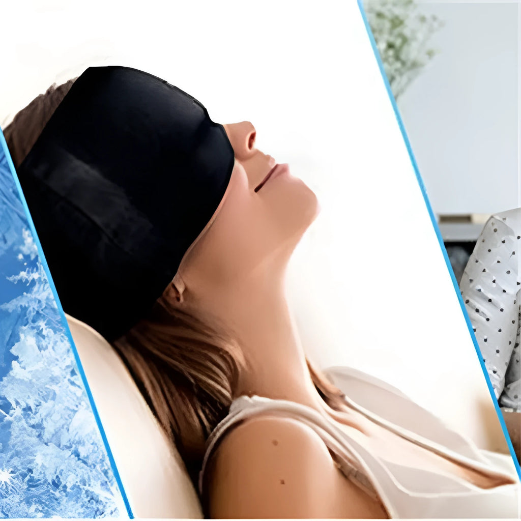 Black elastic cloth gel eye mask with adjustable strap showing 22x17cm dimensions